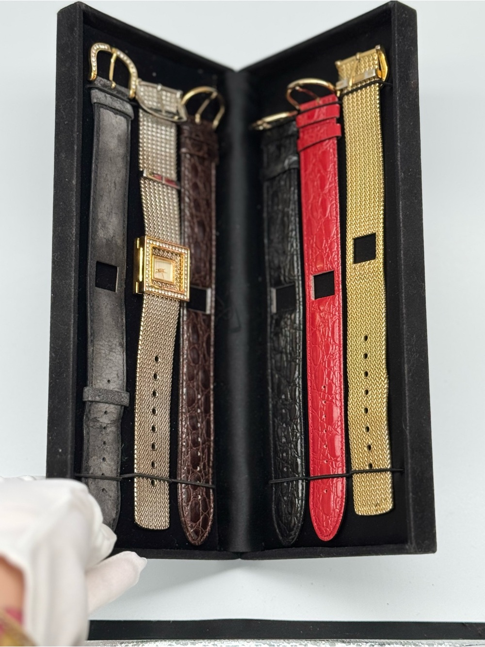 Vintage Interchangeable Watch Set 6 Bands, Crystal Square Face, Gold Tone Watch